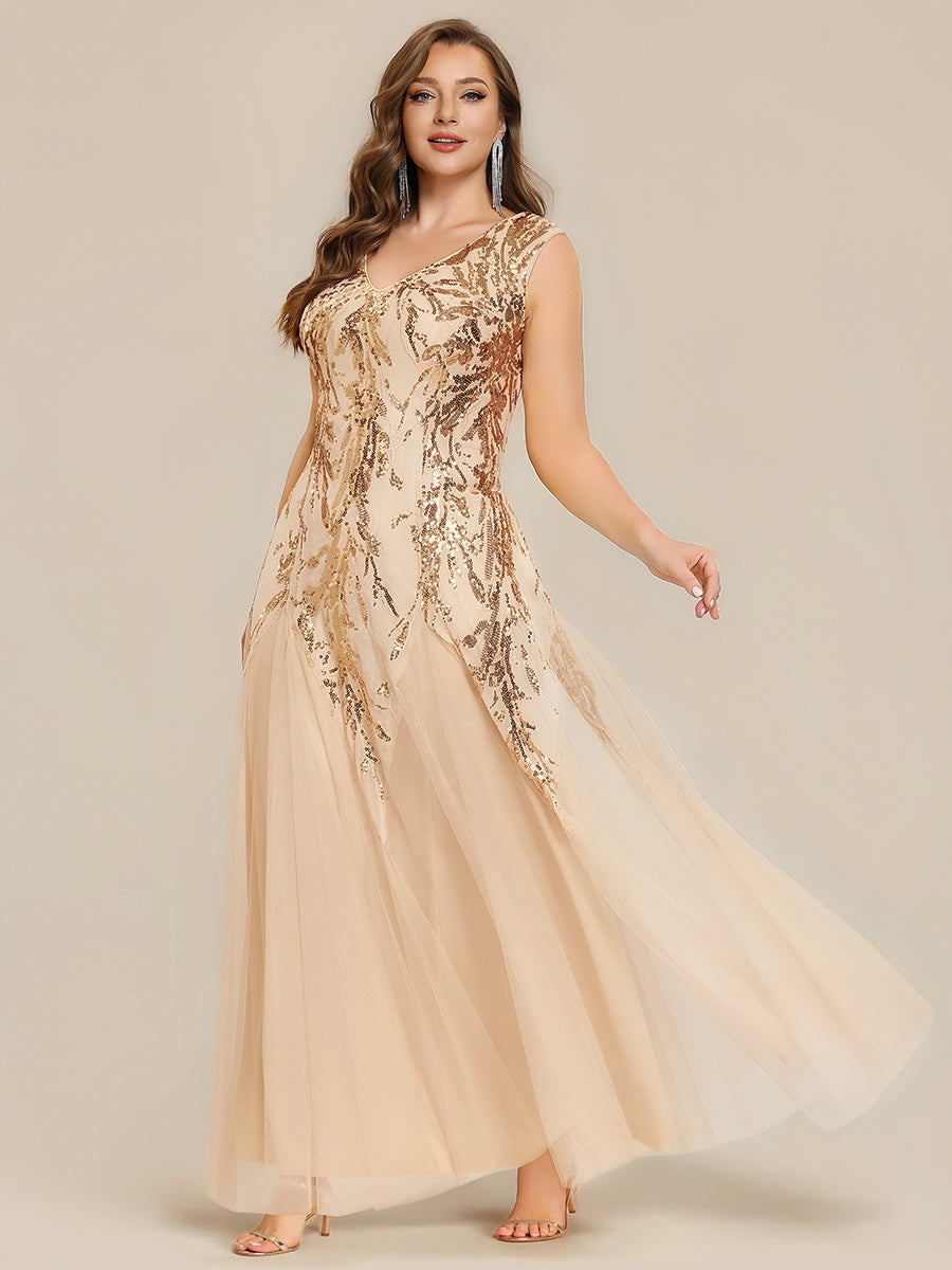 Bodenlanger V-Ausschnitt A-Linie Pailletten Kleid Mit Besticktem Blumenmuster #Farbe_Gold