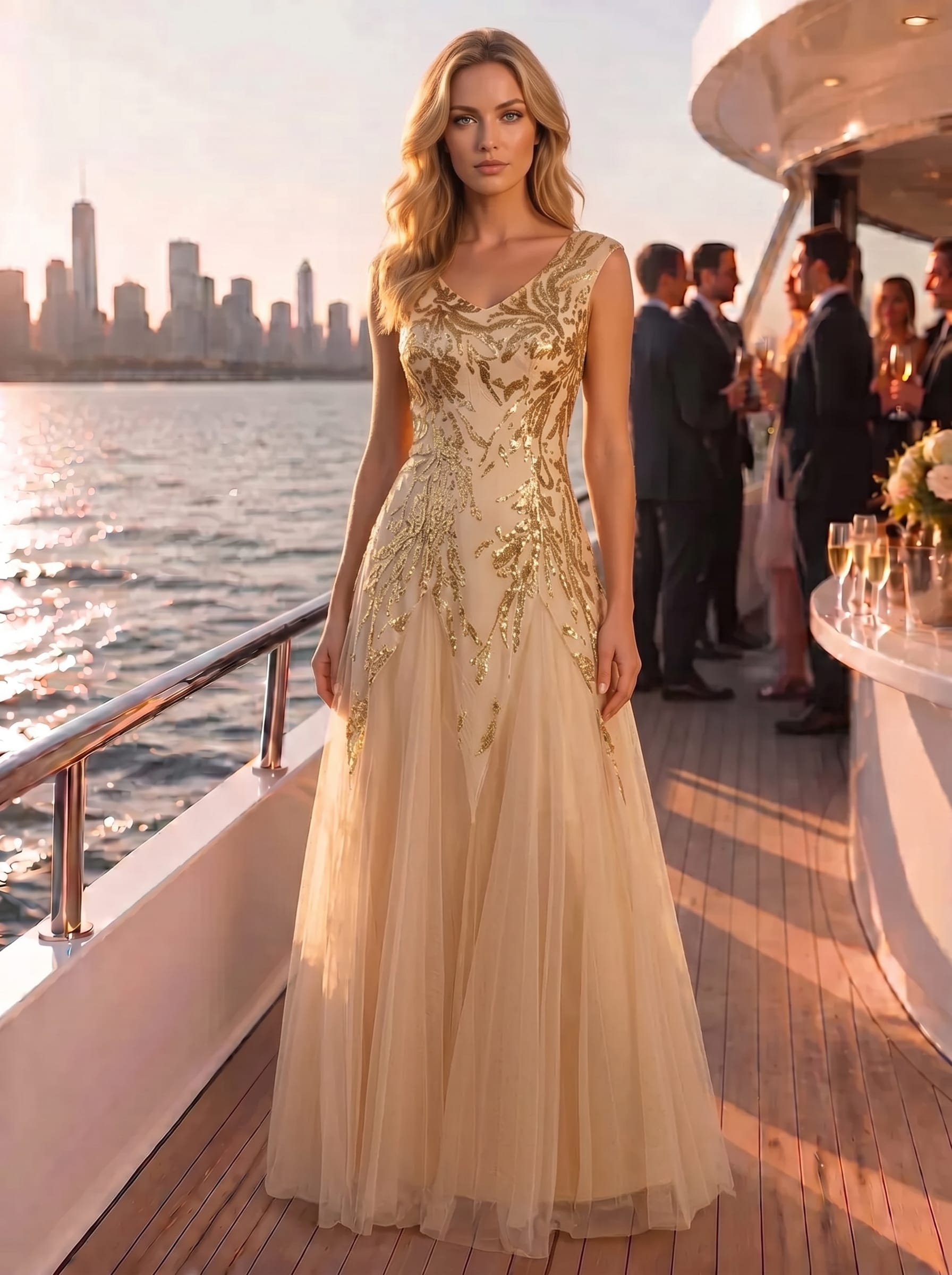 Bodenlanger V-Ausschnitt A-Linie Pailletten Kleid Mit Besticktem Blumenmuster #Farbe_Gold
