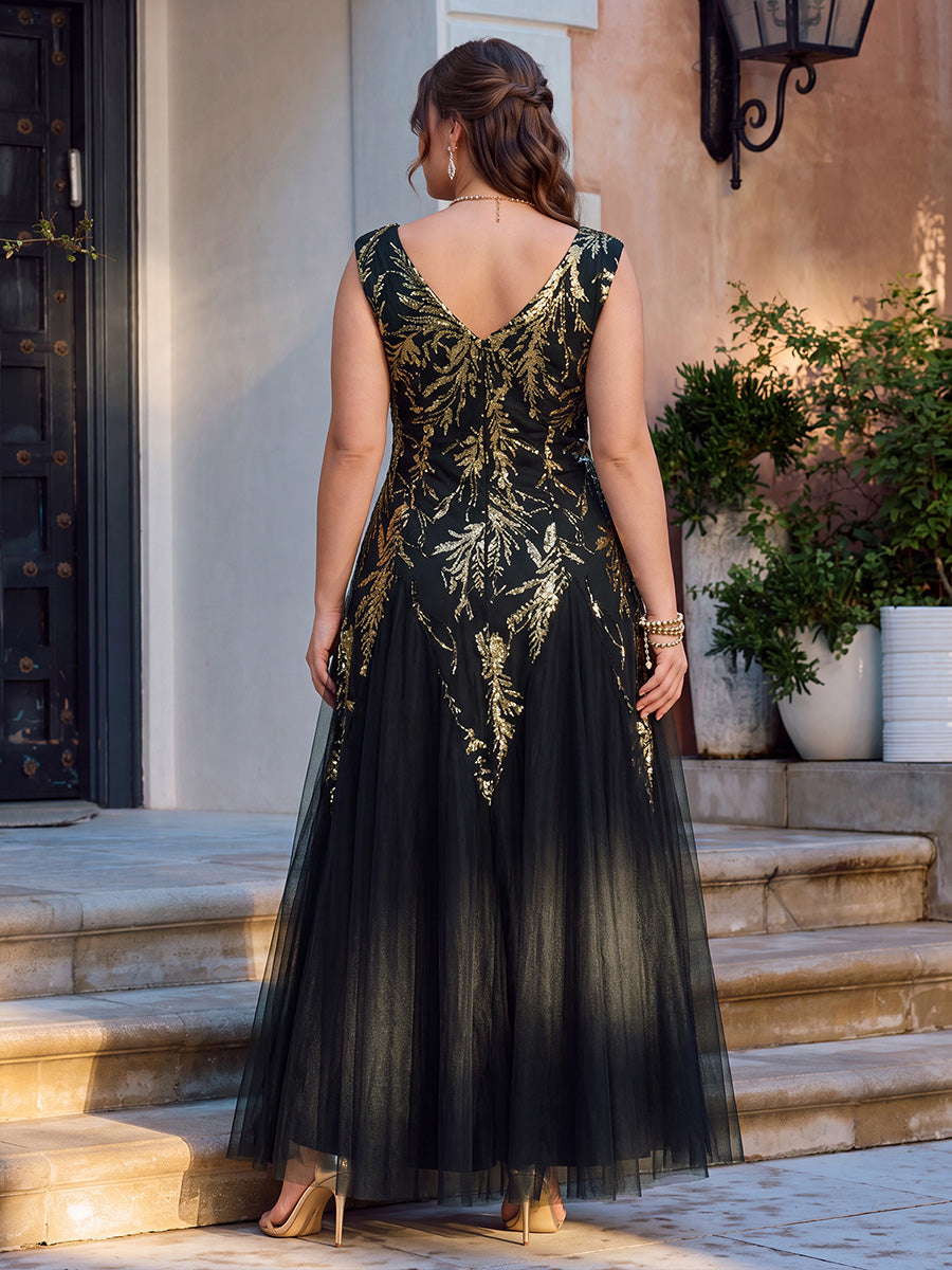 Bodenlanger V-Ausschnitt A-Linie Pailletten Kleid Mit Besticktem Blumenmuster #Farbe_Schwarz & Gold