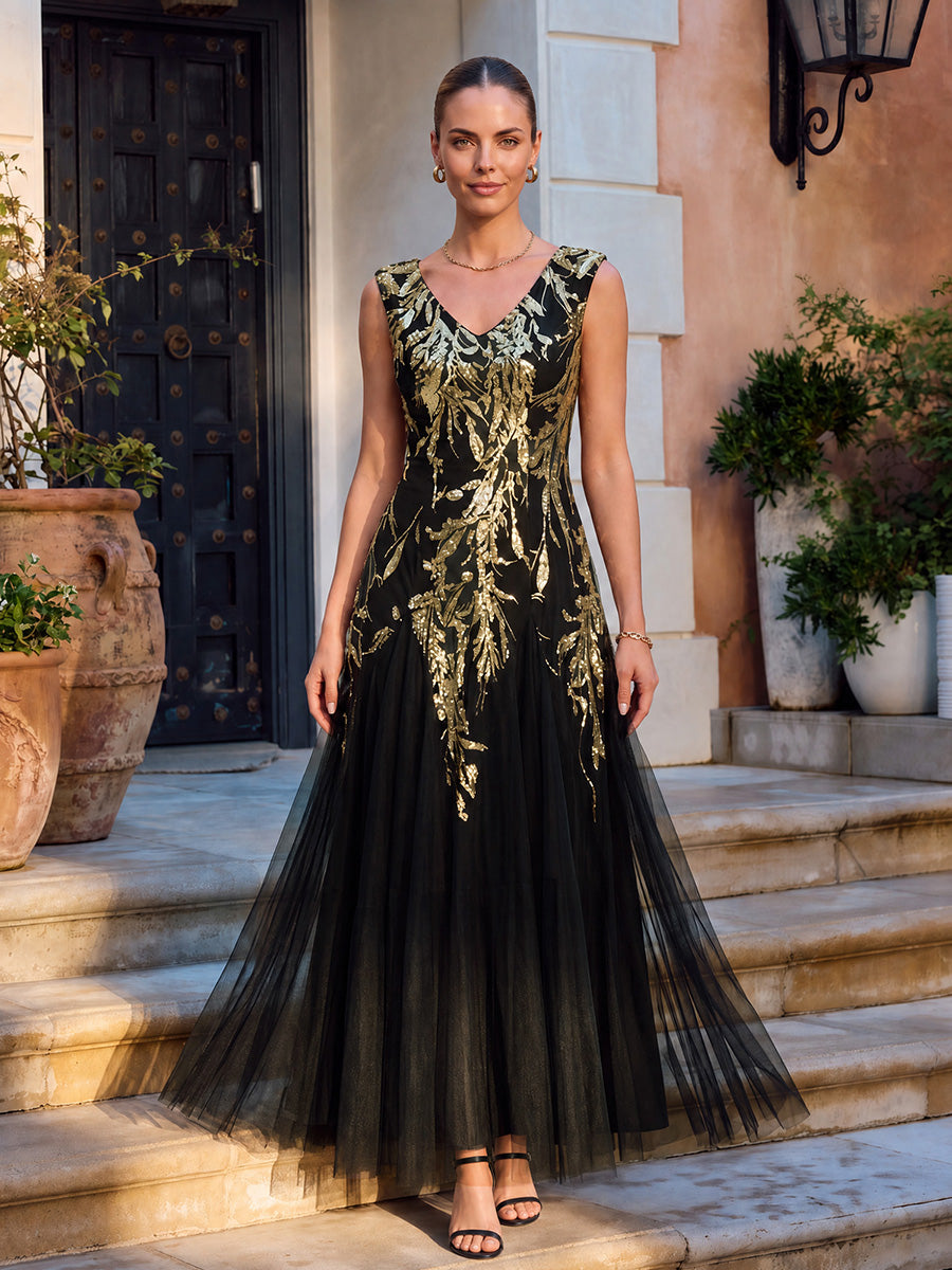 Bodenlanger V-Ausschnitt A-Linie Pailletten Kleid Mit Besticktem Blumenmuster #Farbe_Schwarz & Gold