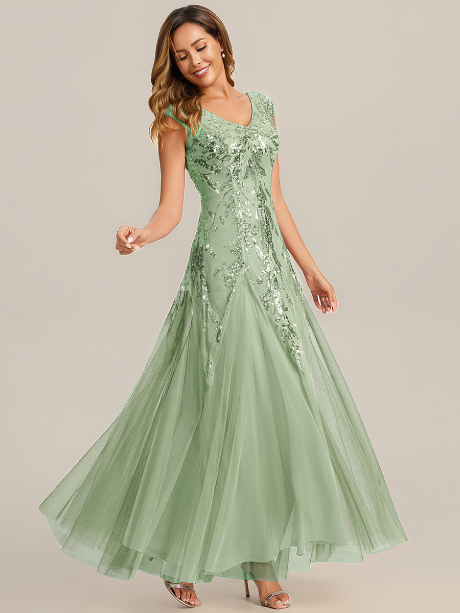 Bodenlanger V-Ausschnitt A-Linie Pailletten Kleid Mit Besticktem Blumenmuster #Farbe_Mintgrün