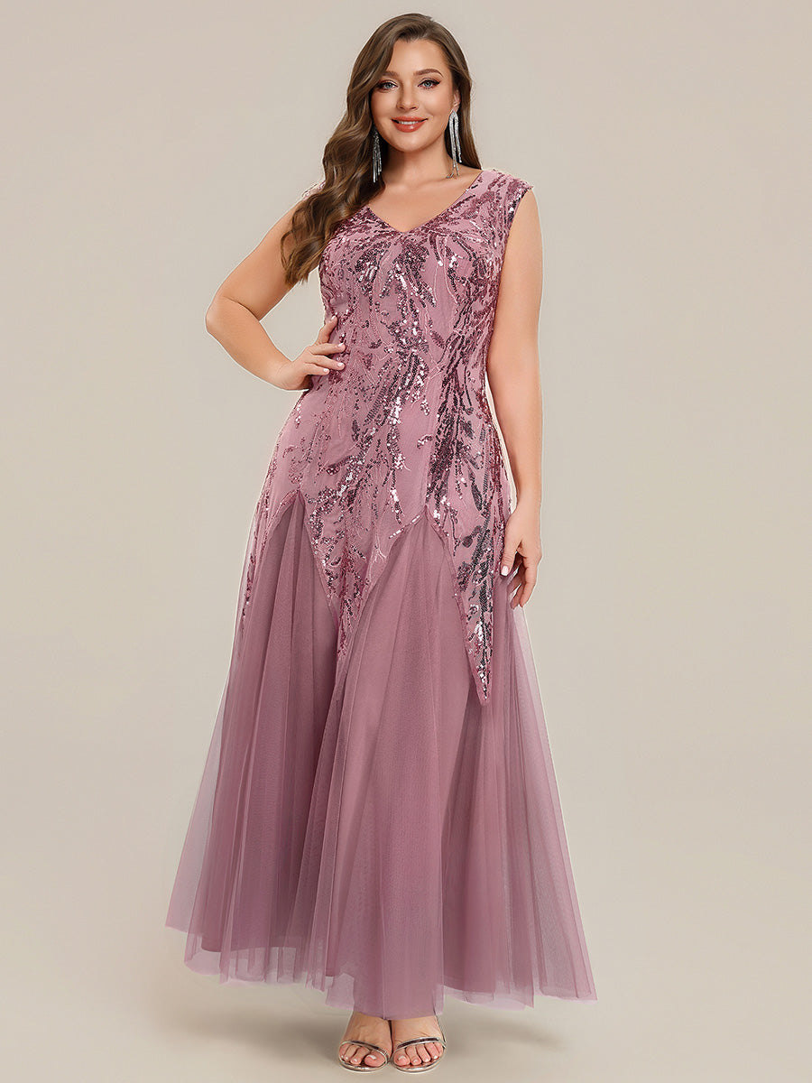 Bodenlanger V-Ausschnitt A-Linie Pailletten Kleid Mit Besticktem Blumenmuster #Farbe_Orchideenviolett