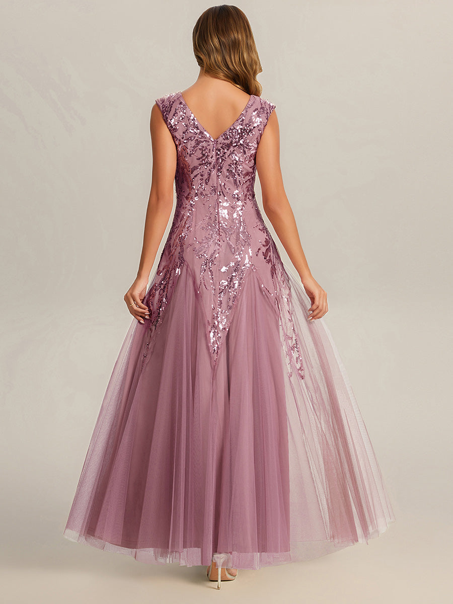 Bodenlanger V-Ausschnitt A-Linie Pailletten Kleid Mit Besticktem Blumenmuster #Farbe_Orchideenviolett