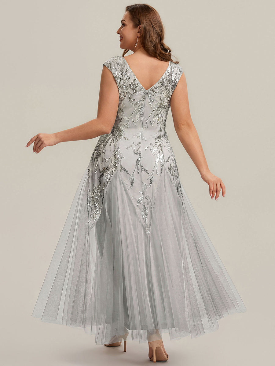 Bodenlanger V-Ausschnitt A-Linie Pailletten Kleid Mit Besticktem Blumenmuster #Farbe_Silber