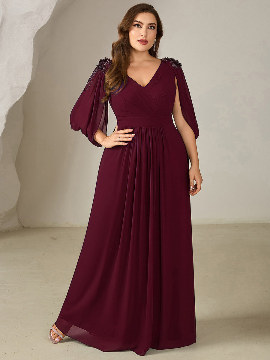 Bodenlanger V-Ausschnitt A-Linie Chiffonkleid Mit Blumenmuster Perlenapplikationen Und Raffung #Farbe_Burgunderrot