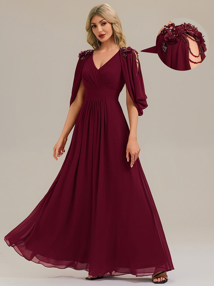 Bodenlanger V-Ausschnitt A-Linie Chiffonkleid Mit Blumenmuster Perlenapplikationen Und Raffung #Farbe_Burgunderrot