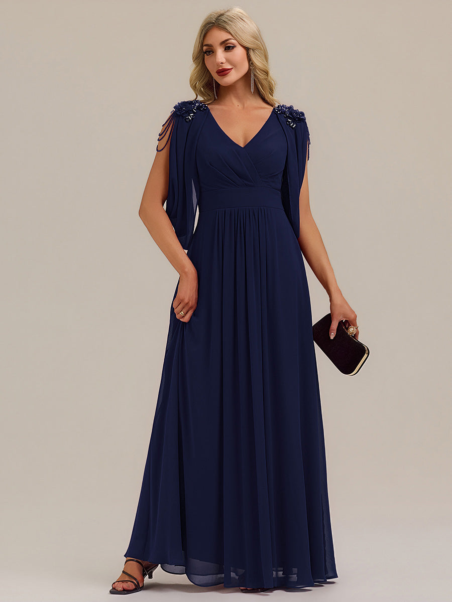 Bodenlanger V-Ausschnitt A-Linie Chiffonkleid Mit Blumenmuster Perlenapplikationen Und Raffung #Farbe_Marineblau