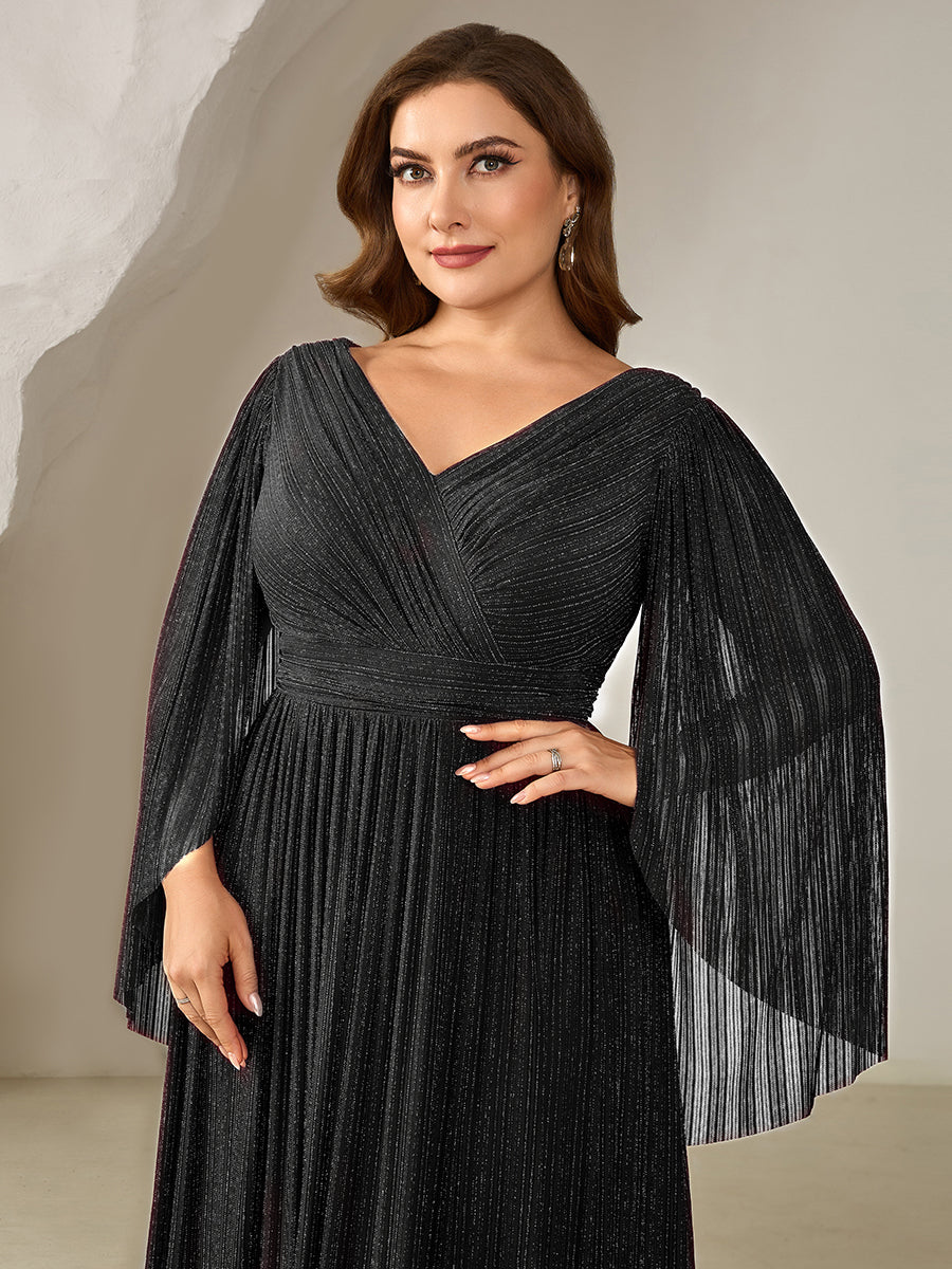 Bodenlanger A-Linien Mesh Kleid Mit Tiefem V-Ausschnitt Eleganz #Farbe_Schwarz
