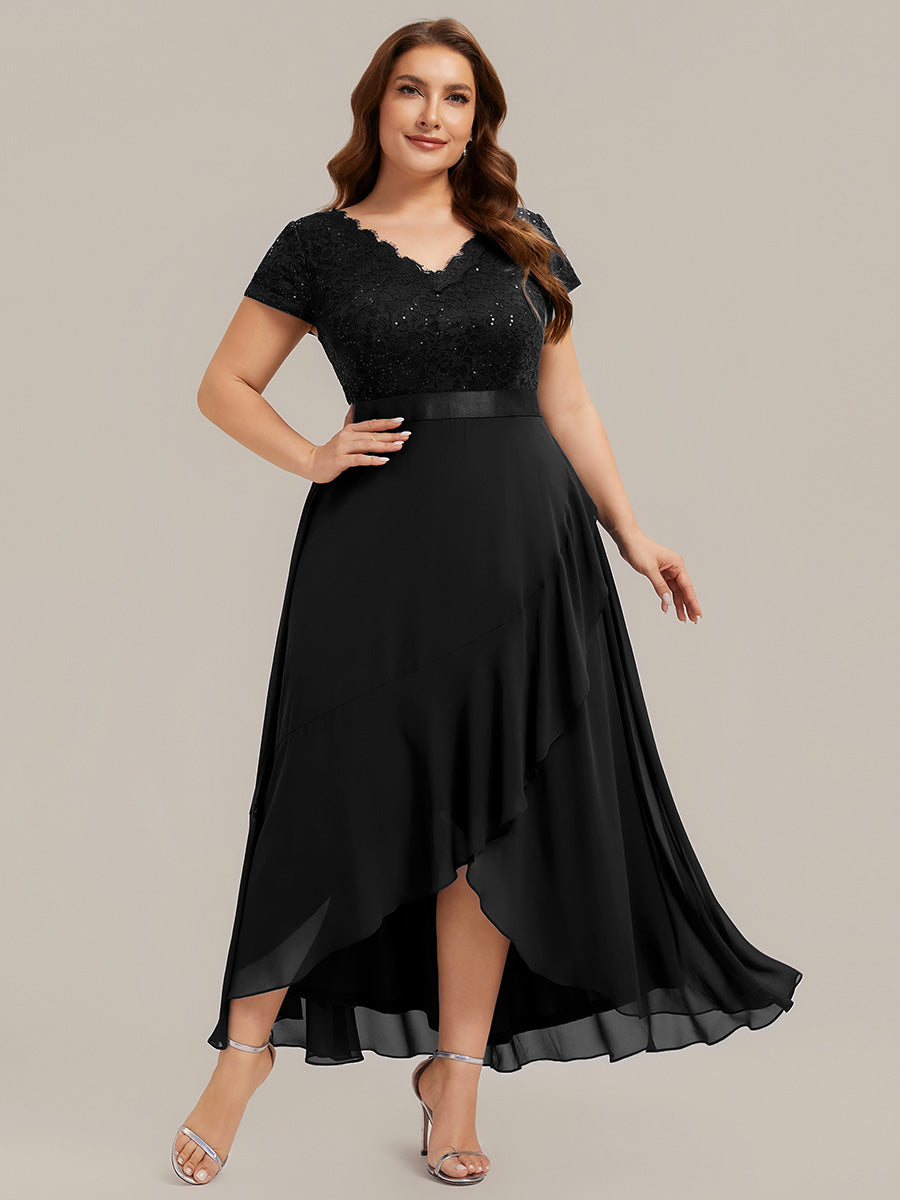 Asymmetrischer Saum, tiefer V-Ausschnitt, Chiffon-Kleid mit Rüschen-Patchwork – Hoch-Tief-Kleid #Farbe_Schwarz