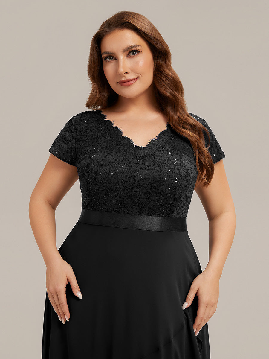 Asymmetrischer Saum, tiefer V-Ausschnitt, Chiffon-Kleid mit Rüschen-Patchwork – Hoch-Tief-Kleid #Farbe_Schwarz