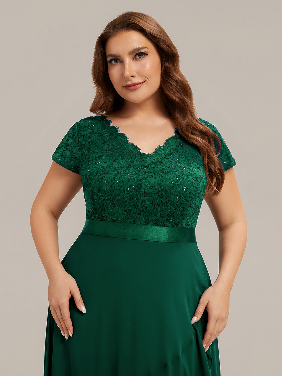 Asymmetrischer Saum, tiefer V-Ausschnitt, Chiffon-Kleid mit Rüschen-Patchwork – Hoch-Tief-Kleid #Farbe_Dunkelgrün