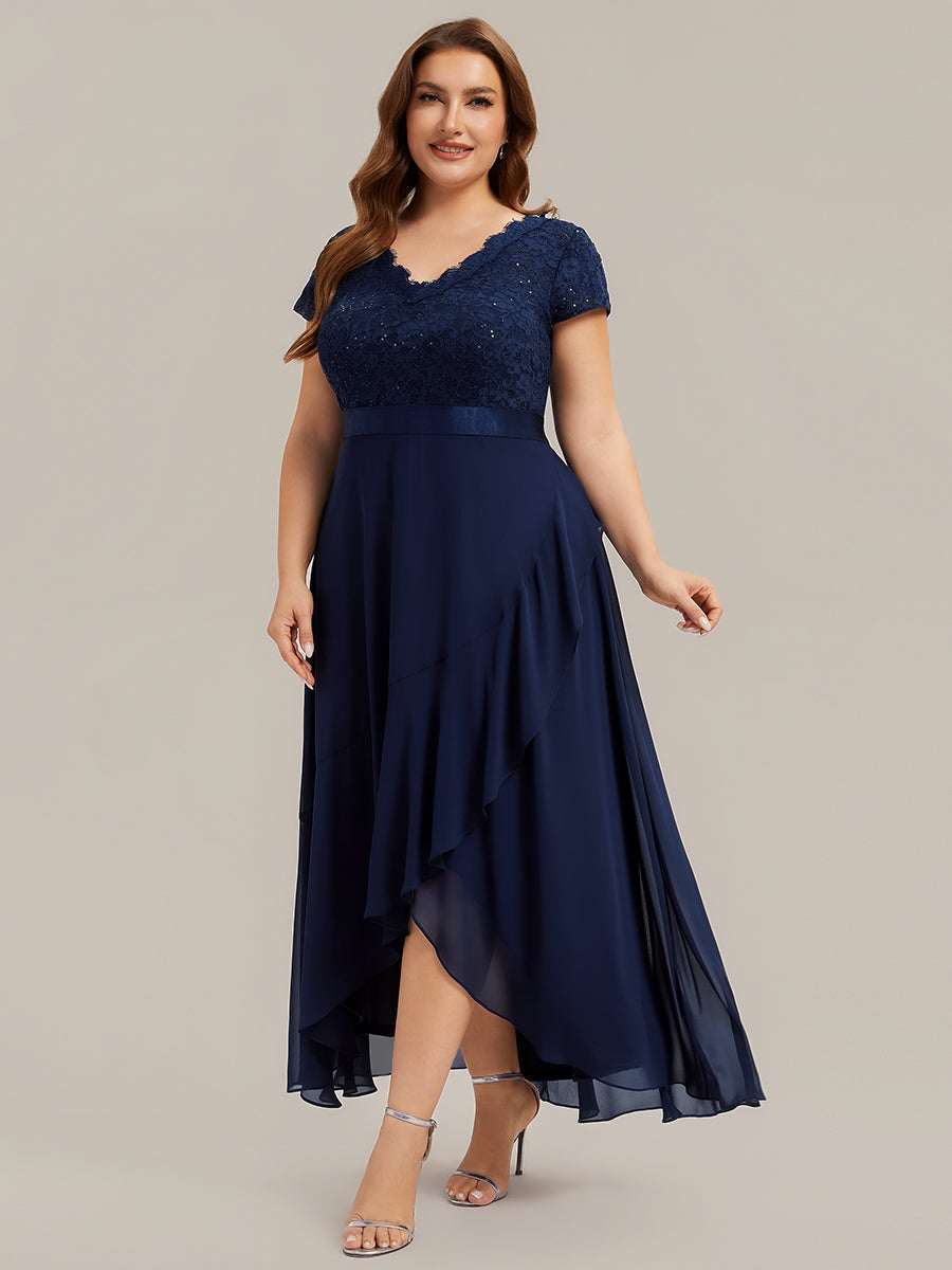 Asymmetrischer Saum, tiefer V-Ausschnitt, Chiffon-Kleid mit Rüschen-Patchwork – Hoch-Tief-Kleid #Farbe_Marineblau