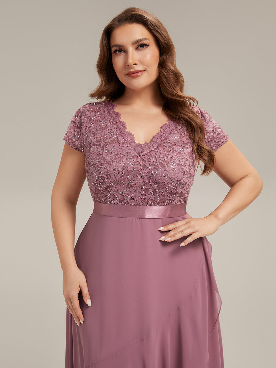 Asymmetrischer Saum, tiefer V-Ausschnitt, Chiffon-Kleid mit Rüschen-Patchwork – Hoch-Tief-Kleid #Farbe_Orchideenviolett