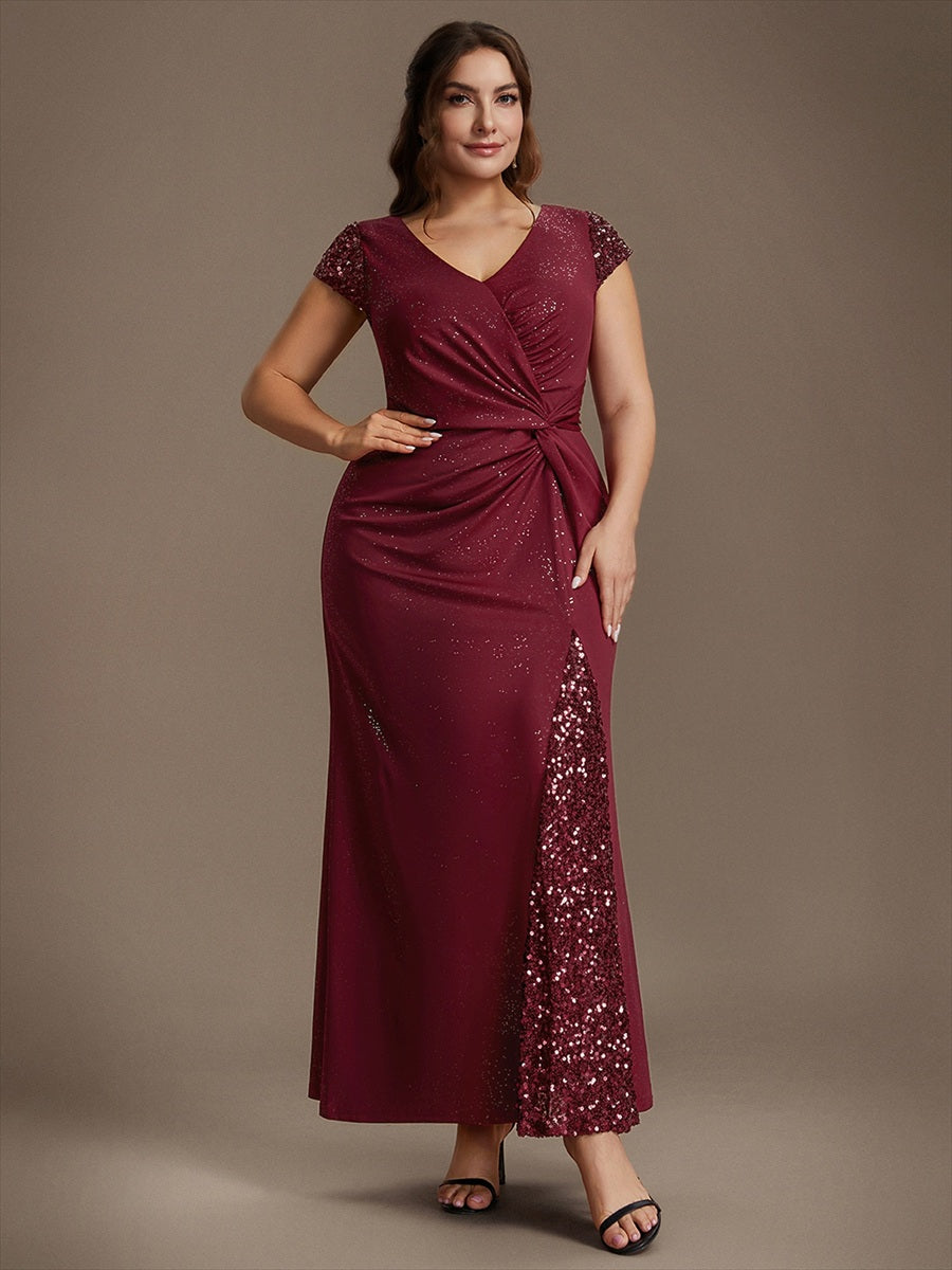 Bodenlanger V-Ausschnitt Bodycon Strickkleid Mit Geknotetem Pailletten Patchwork Glitzer Details Kleid #Farbe_Burgunderrot