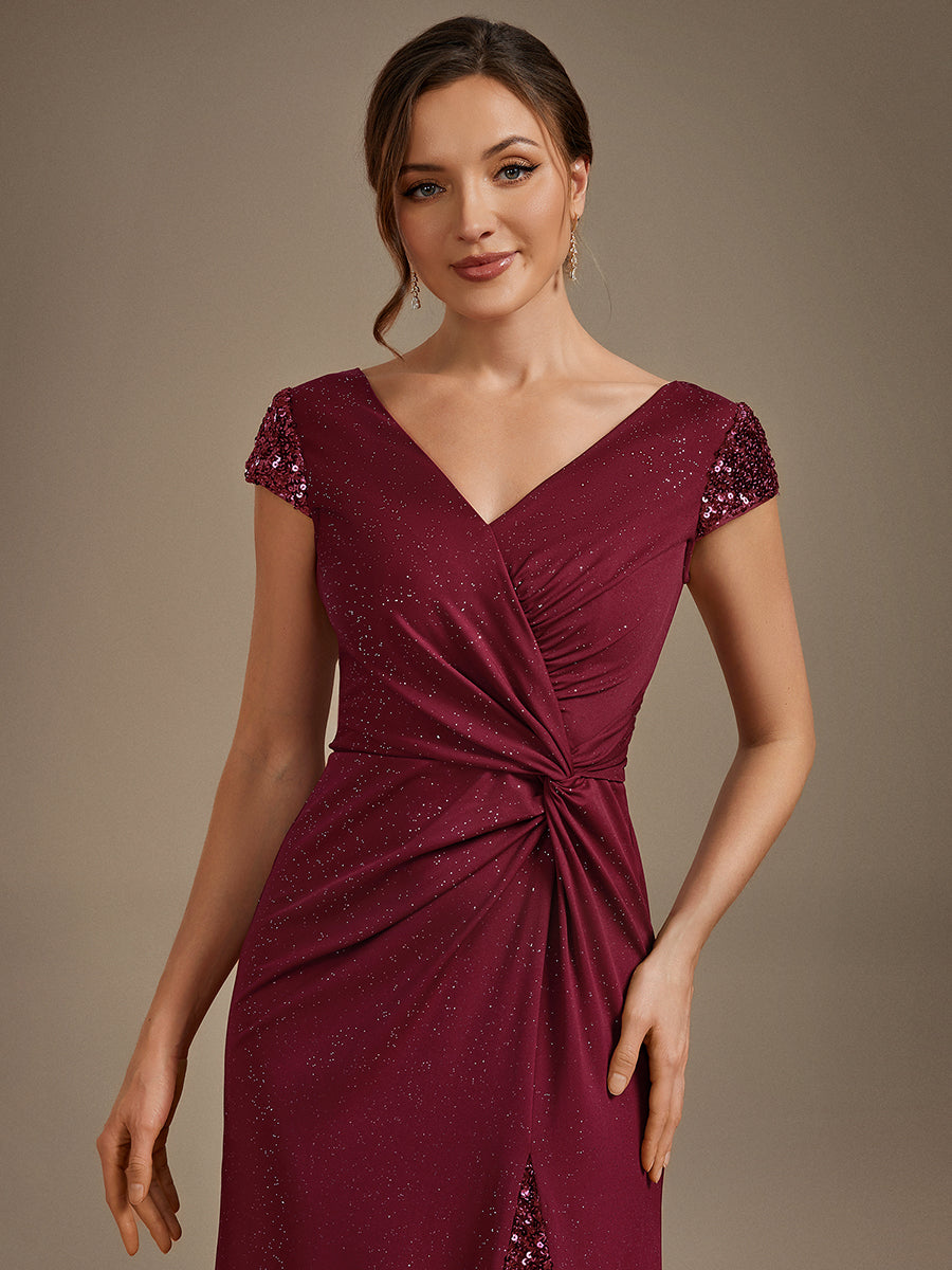 Bodenlanger V-Ausschnitt Bodycon Strickkleid Mit Geknotetem Pailletten Patchwork Glitzer Details Kleid #Farbe_Burgunderrot