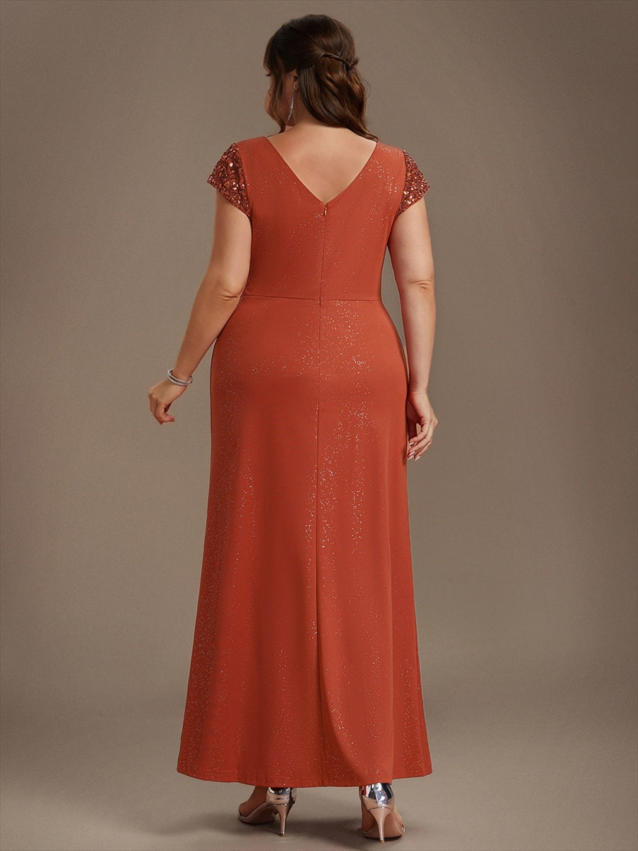 Bodenlanger V-Ausschnitt Bodycon Strickkleid Mit Geknotetem Pailletten Patchwork Glitzer Details Kleid #Farbe_Gebranntes Orange