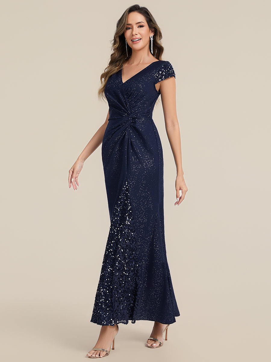 Bodenlanger V-Ausschnitt Bodycon Strickkleid Mit Geknotetem Pailletten Patchwork Glitzer Details Kleid #Farbe_Marineblau