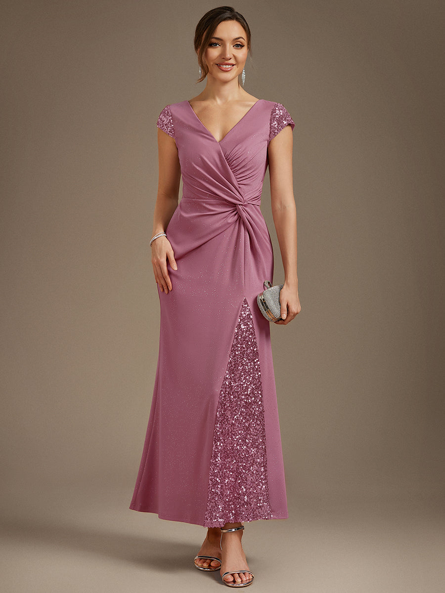 Bodenlanger V-Ausschnitt Bodycon Strickkleid Mit Geknotetem Pailletten Patchwork Glitzer Details Kleid #Farbe_Orchideenviolett
