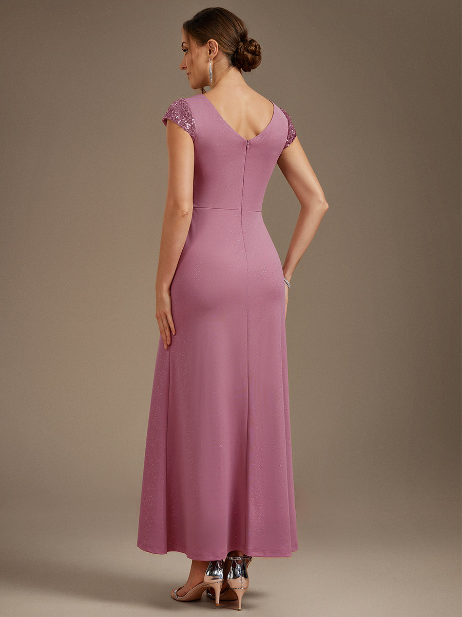 Bodenlanger V-Ausschnitt Bodycon Strickkleid Mit Geknotetem Pailletten Patchwork Glitzer Details Kleid #Farbe_Orchideenviolett