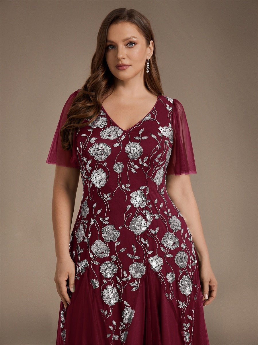 Bodenlanger V-Ausschnitt A-Linie Pailletten Kleid Mit Patchwork Und Funkelnden Details #Farbe_Burgunderrot