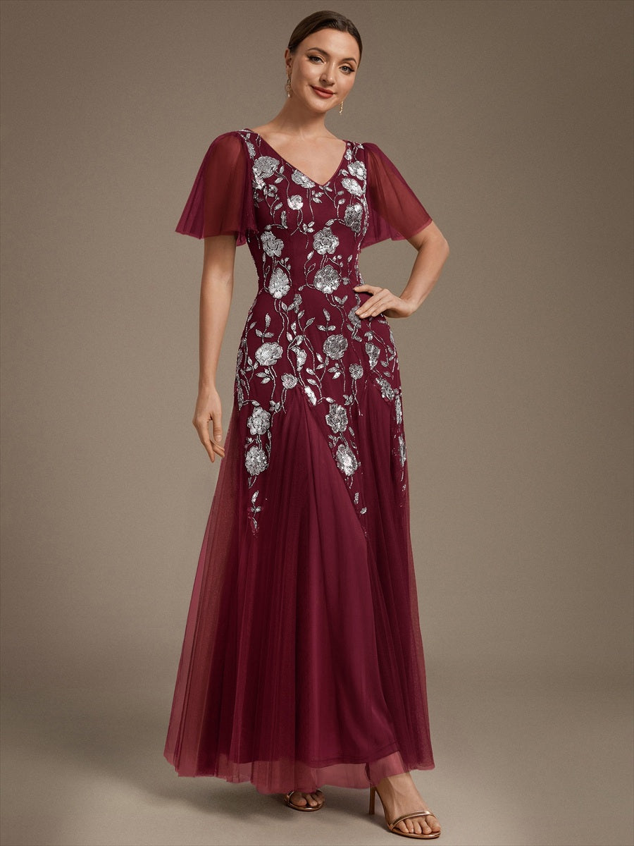 Bodenlanger V-Ausschnitt A-Linie Pailletten Kleid Mit Patchwork Und Funkelnden Details #Farbe_Burgunderrot