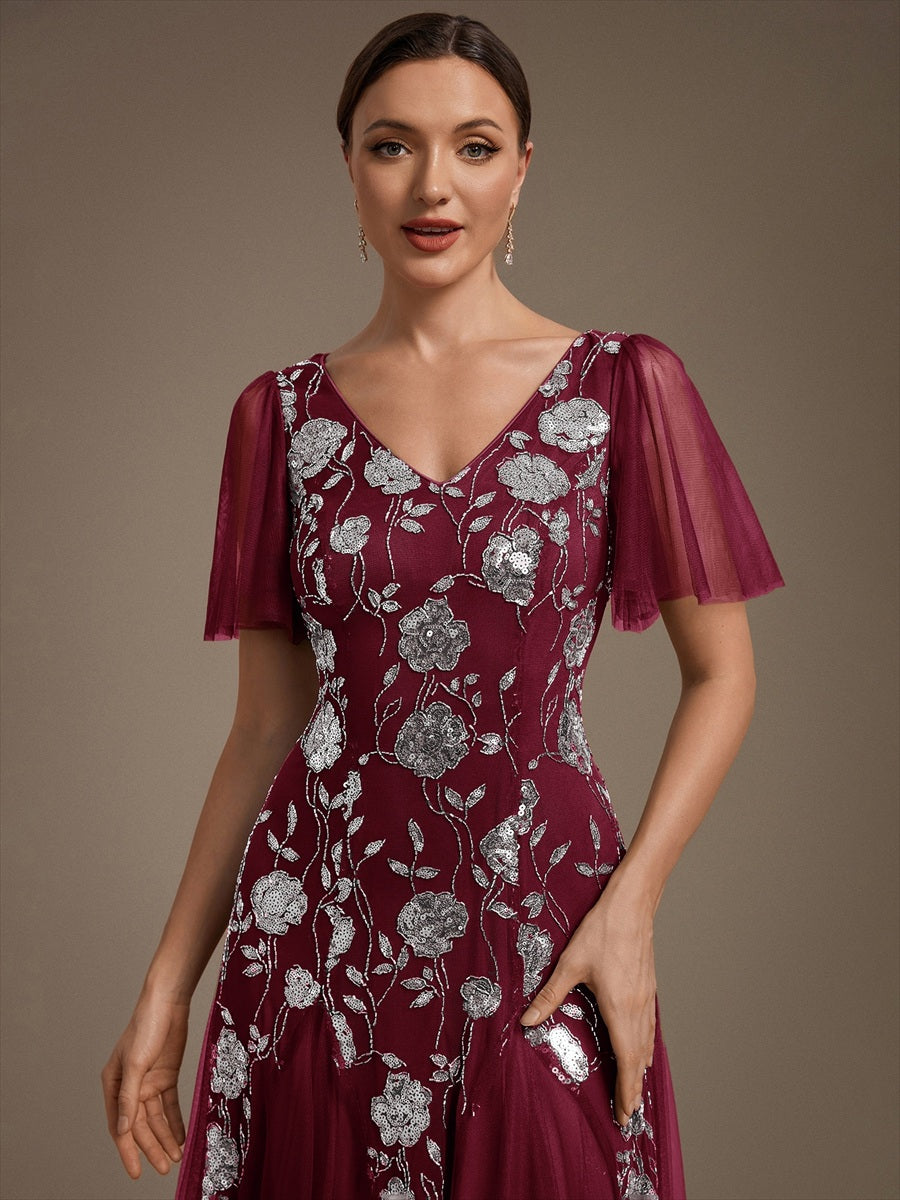 Bodenlanger V-Ausschnitt A-Linie Pailletten Kleid Mit Patchwork Und Funkelnden Details #Farbe_Burgunderrot