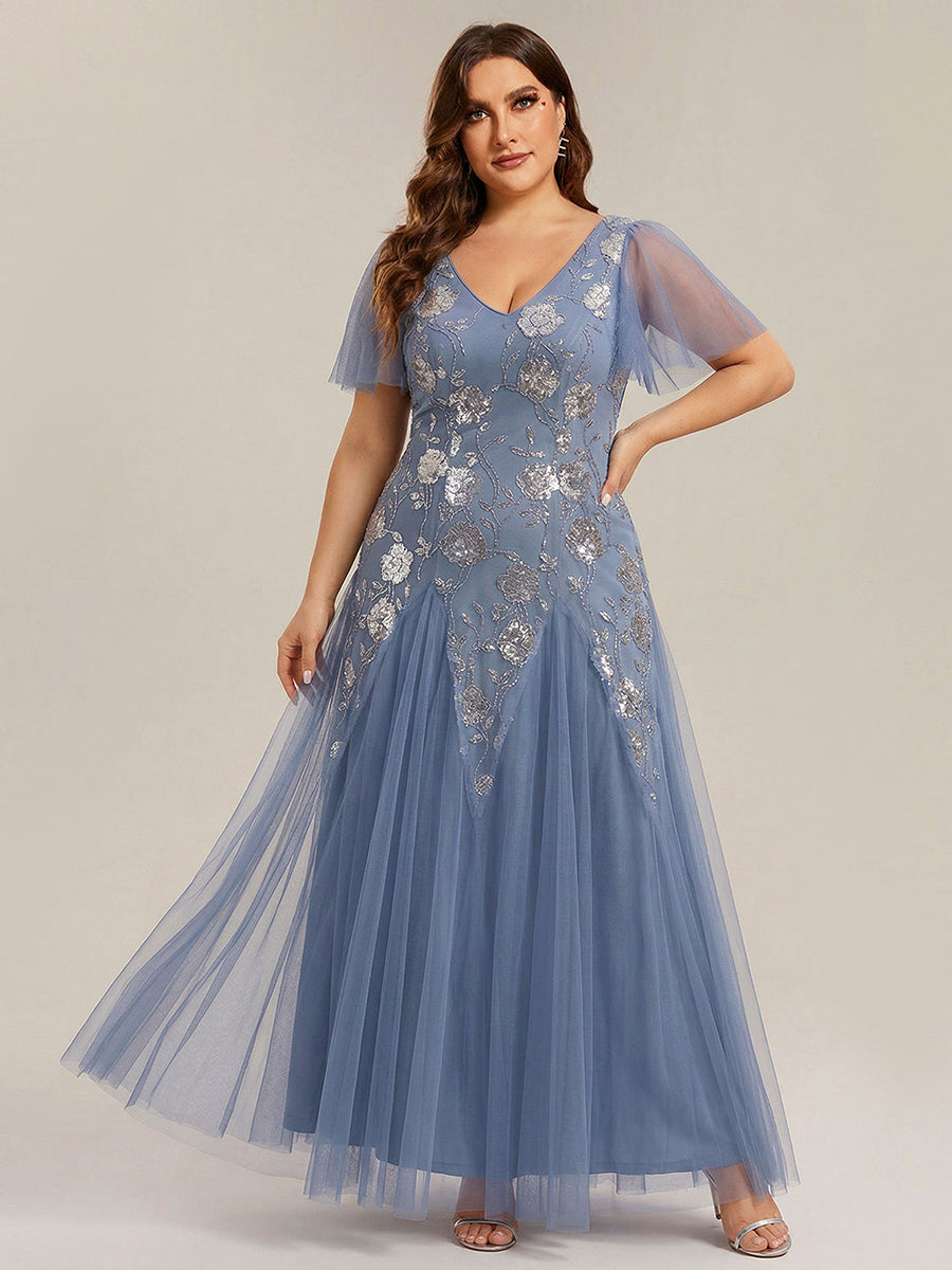 Bodenlanger V-Ausschnitt A-Linie Pailletten Kleid Mit Patchwork Und Funkelnden Details #Farbe_Taubenblau