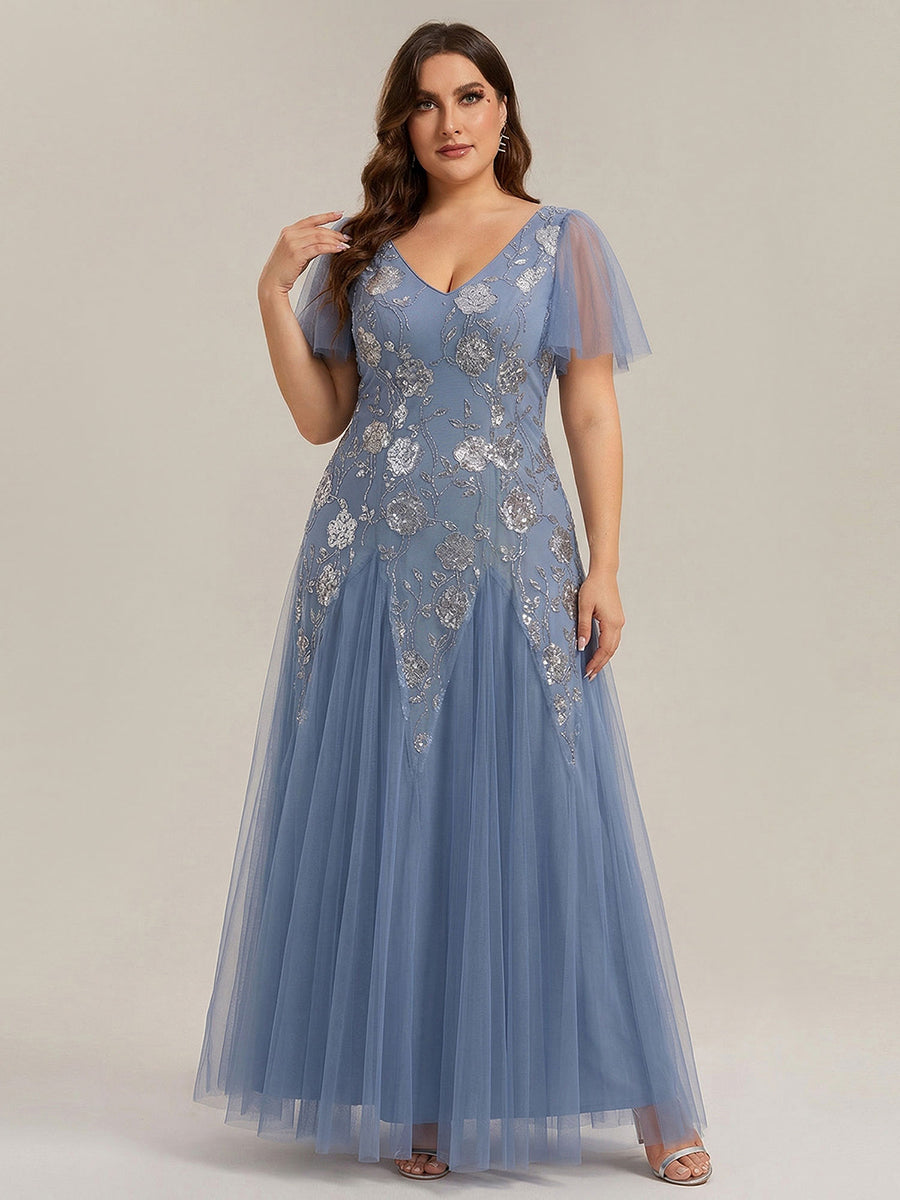 Bodenlanger V-Ausschnitt A-Linie Pailletten Kleid Mit Patchwork Und Funkelnden Details #Farbe_Taubenblau