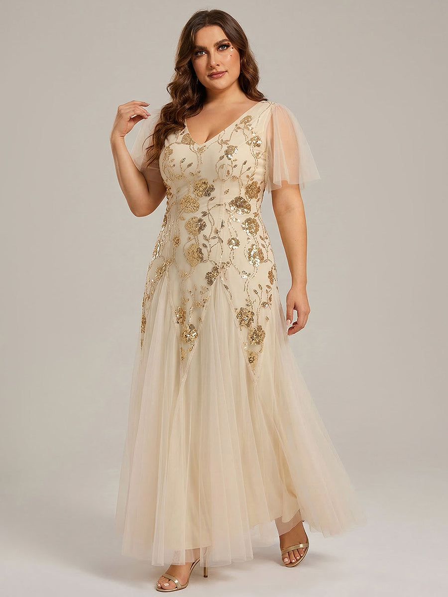 Bodenlanger V-Ausschnitt A-Linie Pailletten Kleid Mit Patchwork Und Funkelnden Details #Farbe_Gold