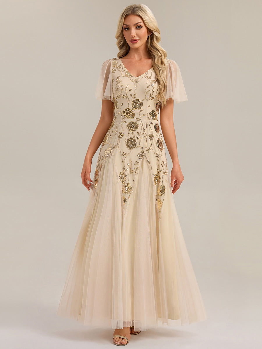 Bodenlanger V-Ausschnitt A-Linie Pailletten Kleid Mit Patchwork Und Funkelnden Details #Farbe_Gold