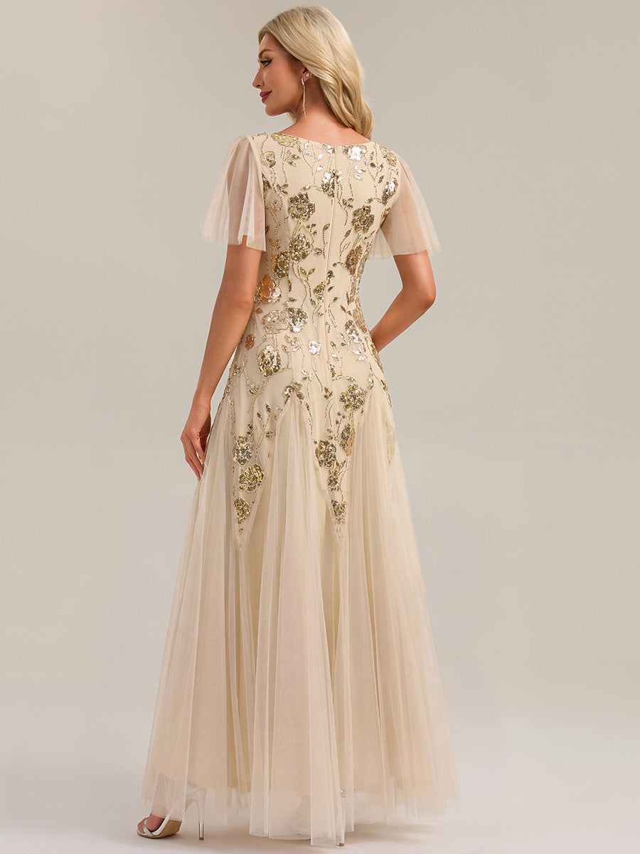 Bodenlanger V-Ausschnitt A-Linie Pailletten Kleid Mit Patchwork Und Funkelnden Details #Farbe_Gold