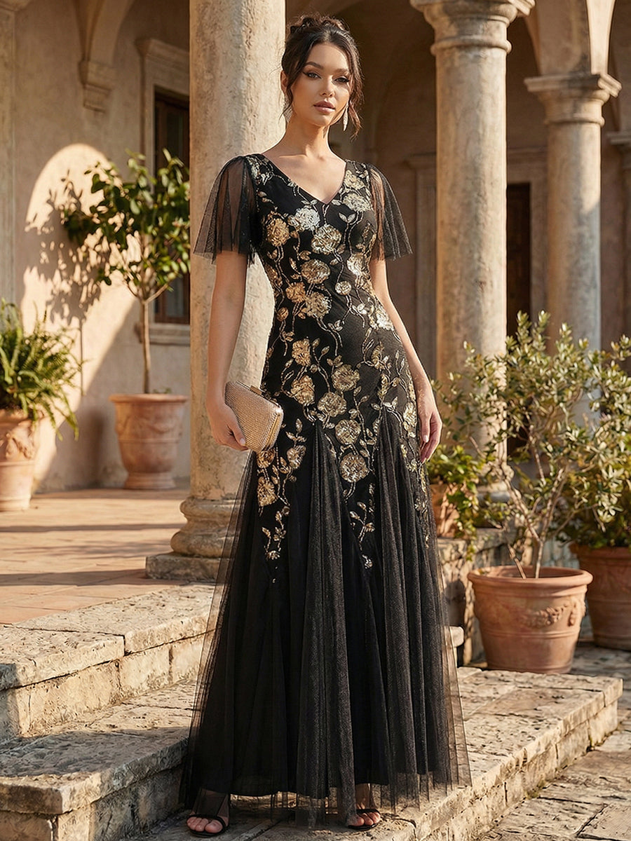 Bodenlanger V-Ausschnitt A-Linie Pailletten Kleid Mit Patchwork Und Funkelnden Details #Farbe_Schwarz & Gold
