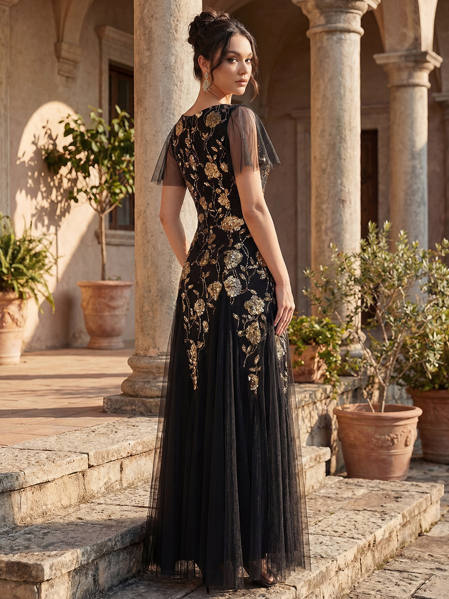 Bodenlanger V-Ausschnitt A-Linie Pailletten Kleid Mit Patchwork Und Funkelnden Details #Farbe_Schwarz & Gold