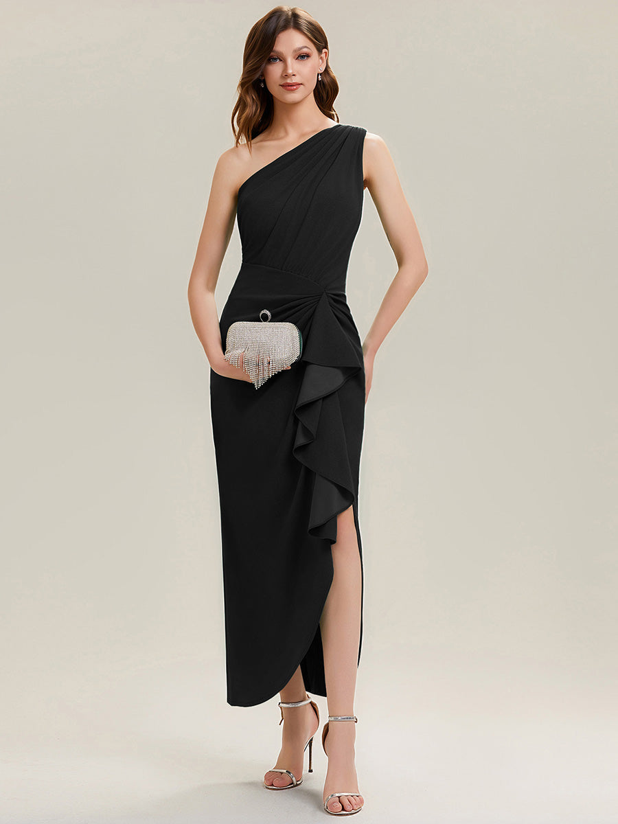 Asymmetrisches Hoch-Tief Bodycon Kleid Aus Strick Mit Oberschenkel Hohem Schlitz Und Rüschendetails #Farbe_Schwarz