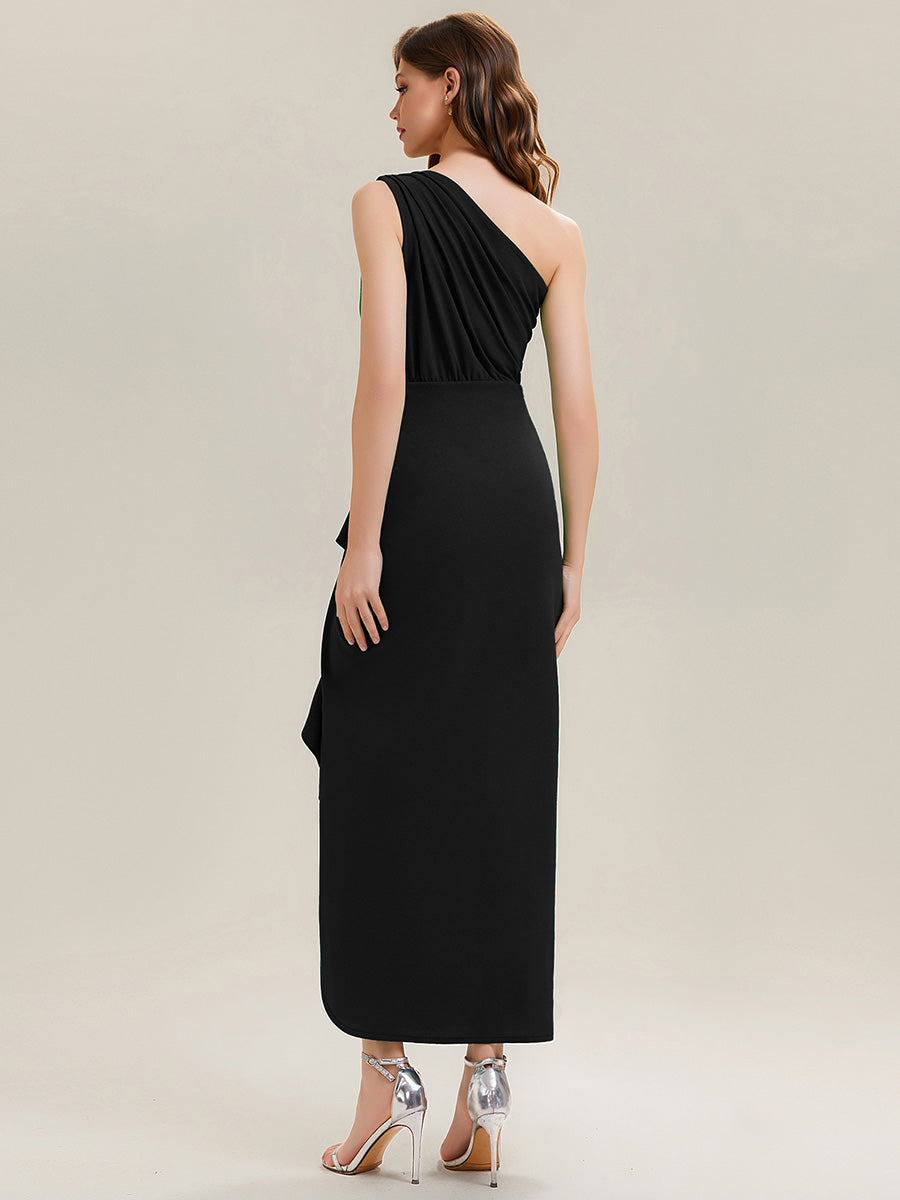 Asymmetrisches Hoch-Tief Bodycon Kleid Aus Strick Mit Oberschenkel Hohem Schlitz Und Rüschendetails #Farbe_Schwarz