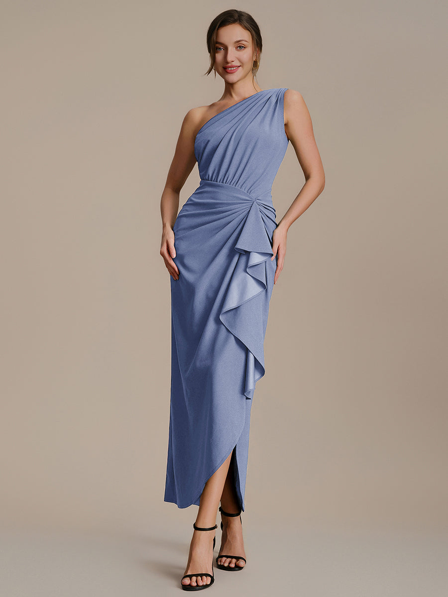 Asymmetrisches Hoch-Tief Bodycon Kleid Aus Strick Mit Oberschenkel Hohem Schlitz Und Rüschendetails #Farbe_Taubenblau