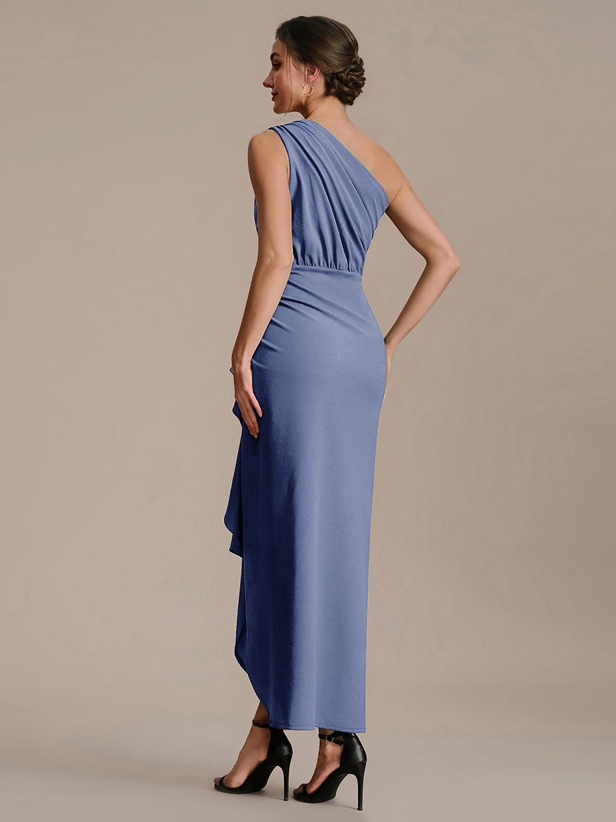 Asymmetrisches Hoch-Tief Bodycon Kleid Aus Strick Mit Oberschenkel Hohem Schlitz Und Rüschendetails #Farbe_Taubenblau