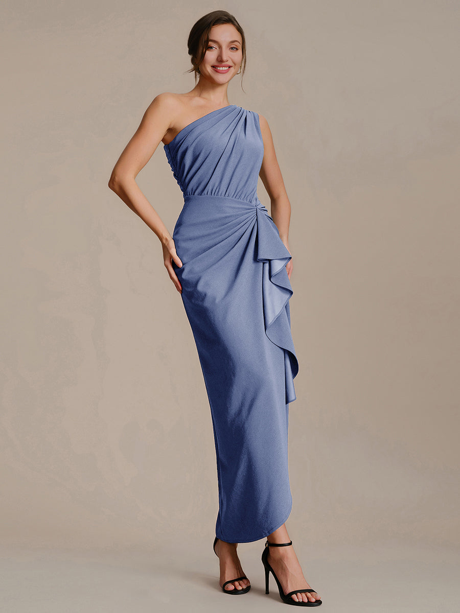 Asymmetrisches Hoch-Tief Bodycon Kleid Aus Strick Mit Oberschenkel Hohem Schlitz Und Rüschendetails #Farbe_Taubenblau