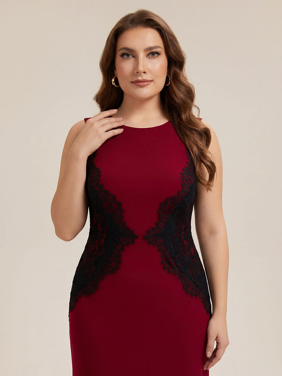 Plus Size Kn?chellang Sheath Kleid Rundhalsausschnitt Strick Cut-Out Details Moderner Look #Farbe_Dunkelrot