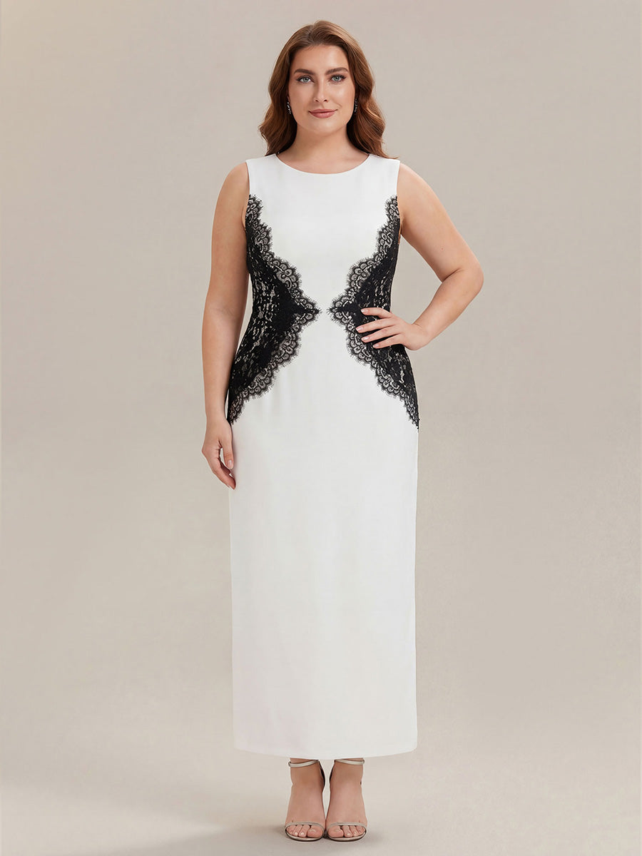 Plus Size Kn?chellang Sheath Kleid Rundhalsausschnitt Strick Cut-Out Details Moderner Look #Farbe_Elfenbein Schwarz