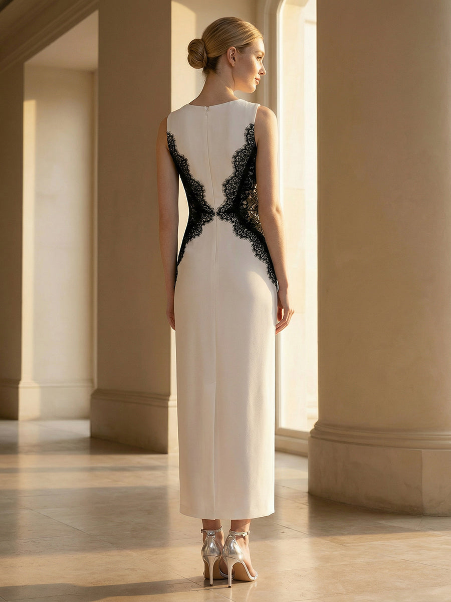 Plus Size Kn?chellang Sheath Kleid Rundhalsausschnitt Strick Cut-Out Details Moderner Look #Farbe_Elfenbein Schwarz