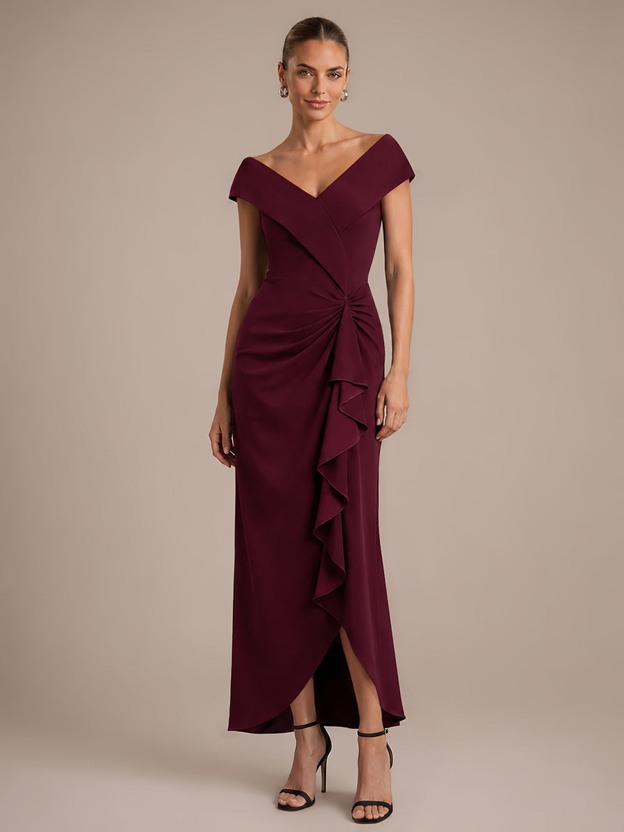 Asymmetrischer Saum V-Ausschnitt Meerjungfrau Kleid Aus Krepp Schlitz Volants #Farbe_Burgunderrot