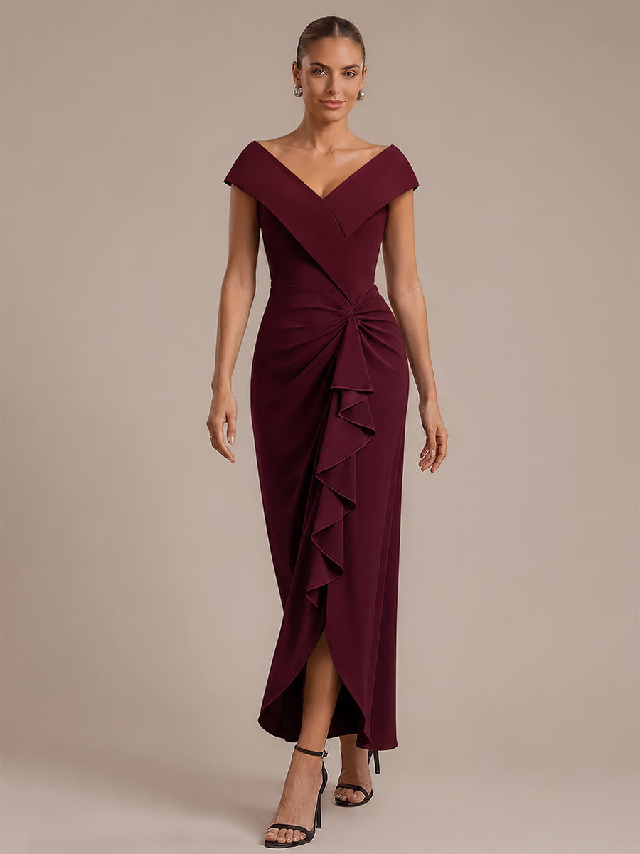 Asymmetrischer Saum V-Ausschnitt Meerjungfrau Kleid Aus Krepp Schlitz Volants #Farbe_Burgunderrot