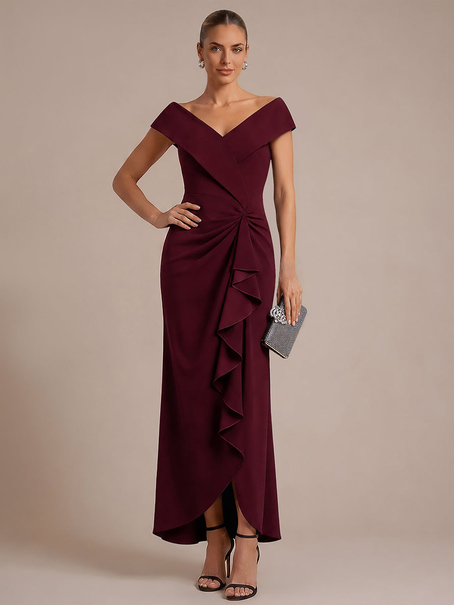 Asymmetrischer Saum V-Ausschnitt Meerjungfrau Kleid Aus Krepp Schlitz Volants #Farbe_Burgunderrot