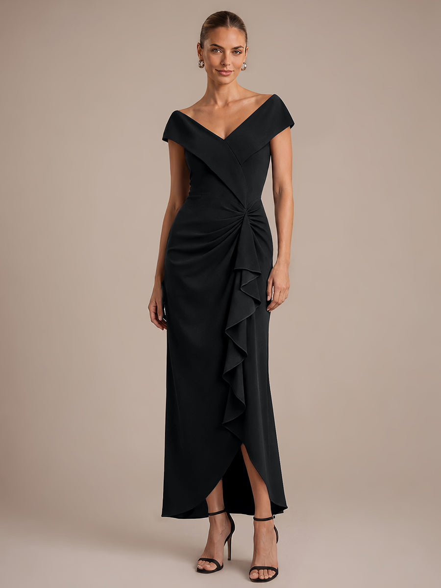 Asymmetrischer Saum V-Ausschnitt Meerjungfrau Kleid Aus Krepp Schlitz Volants #Farbe_Schwarz