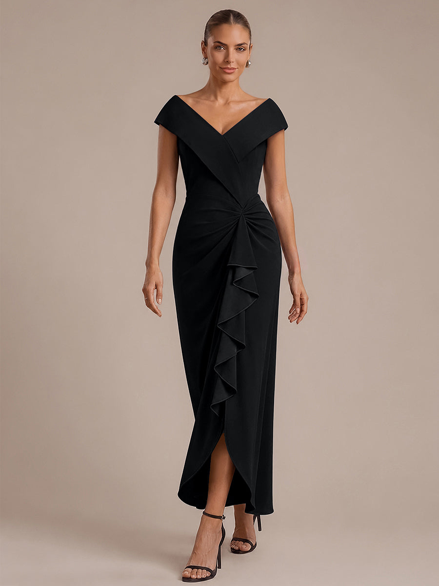 Asymmetrischer Saum V-Ausschnitt Meerjungfrau Kleid Aus Krepp Schlitz Volants #Farbe_Schwarz