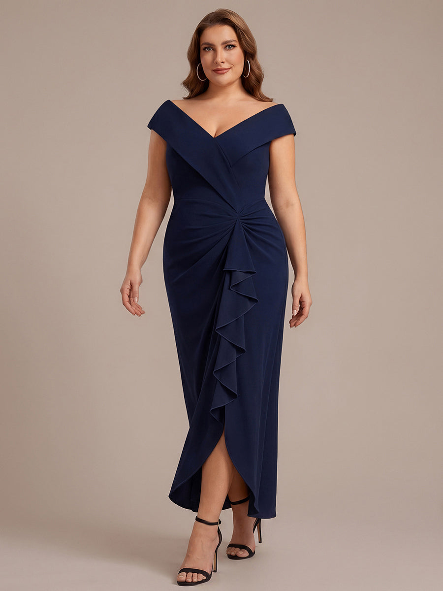 Asymmetrischer Saum V-Ausschnitt Meerjungfrau Kleid Aus Krepp Schlitz Volants #Farbe_Marineblau