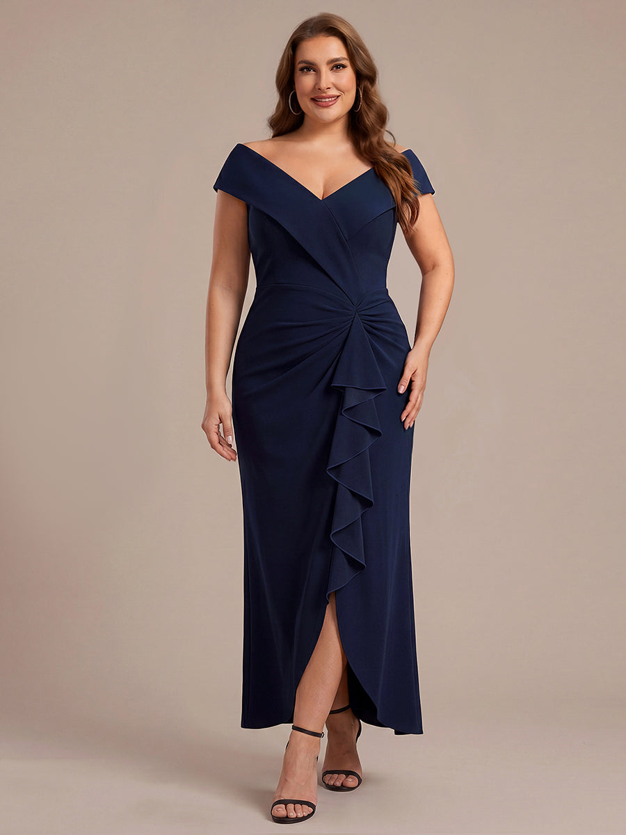 Asymmetrischer Saum V-Ausschnitt Meerjungfrau Kleid Aus Krepp Schlitz Volants #Farbe_Marineblau