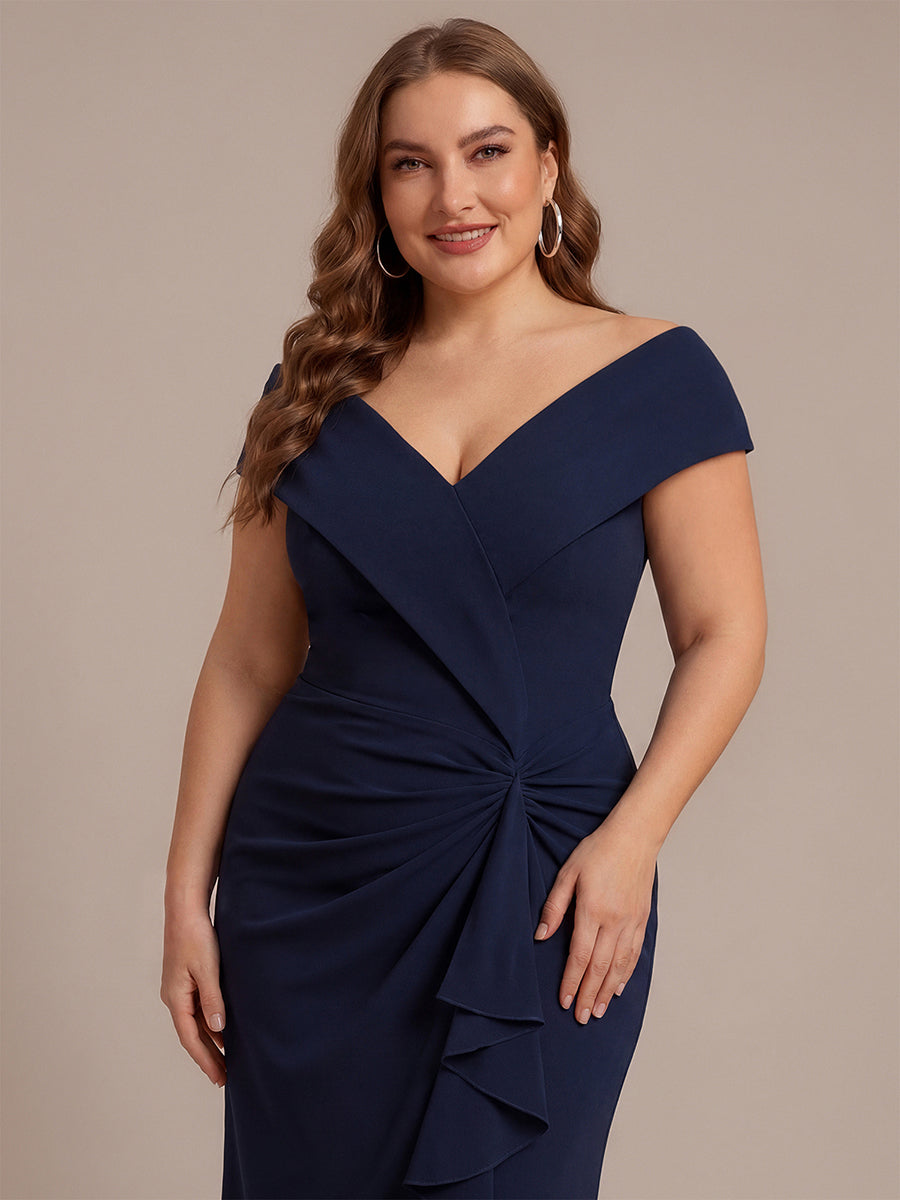 Asymmetrischer Saum V-Ausschnitt Meerjungfrau Kleid Aus Krepp Schlitz Volants #Farbe_Marineblau
