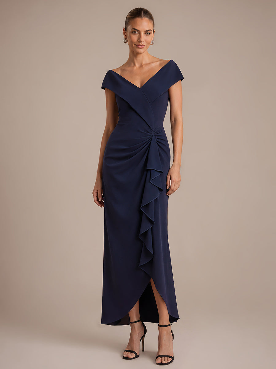 Asymmetrischer Saum V-Ausschnitt Meerjungfrau Kleid Aus Krepp Schlitz Volants #Farbe_Marineblau